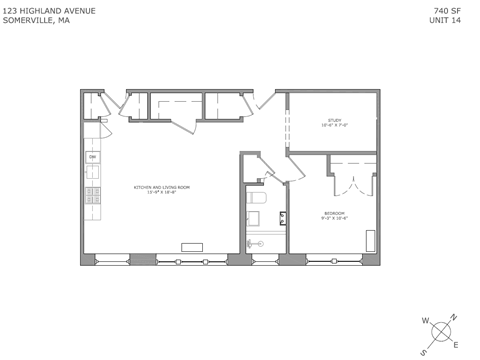 Floor plan for 1 bed, 1 bath, 674 sqft